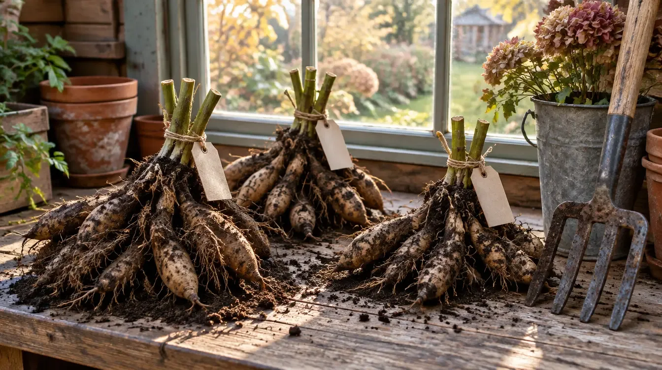 Freshly lifted dahlia tuber clumps with short cut stems and paper labels, drying on a wooden bench in a garden shed.