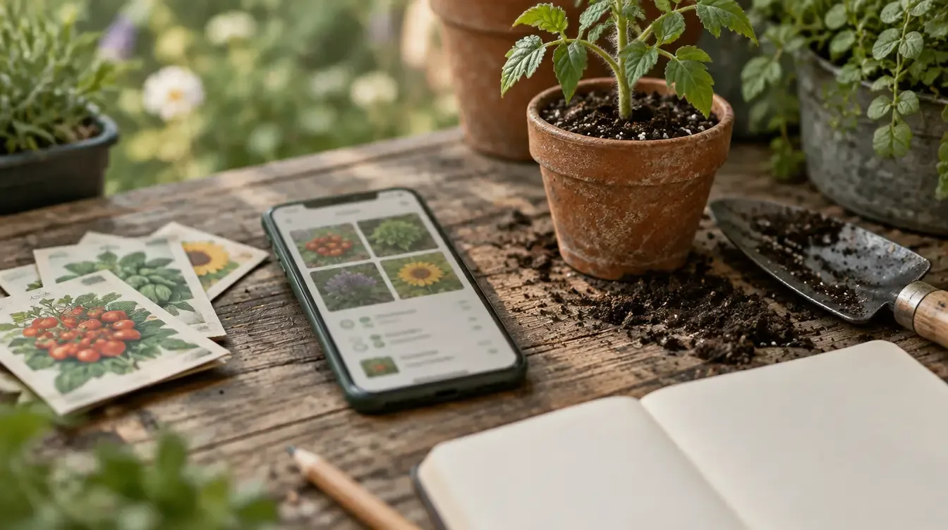 An iPhone showing a garden journal app on a wooden potting bench, beside seed packets, a tomato seedling in a terracotta pot, a trowel and an open notebook