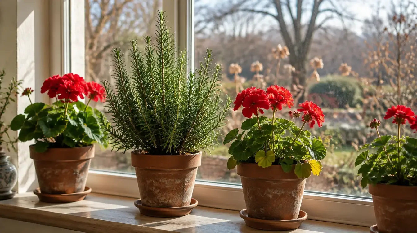 Potted geraniums and a rosemary plant gathered on a stone step beside an open back door in low autumn light.