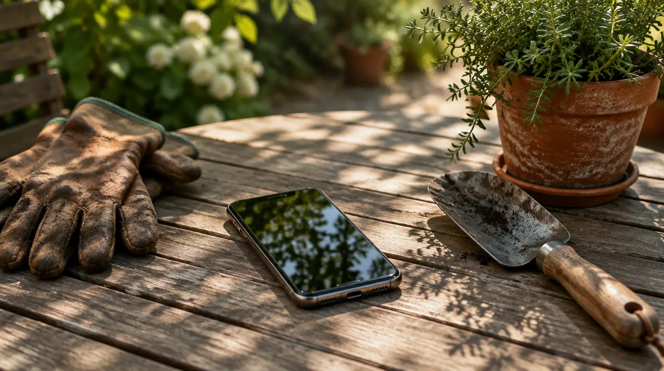 Smartphone on a wooden garden table beside worn gloves, a trowel and a potted herb