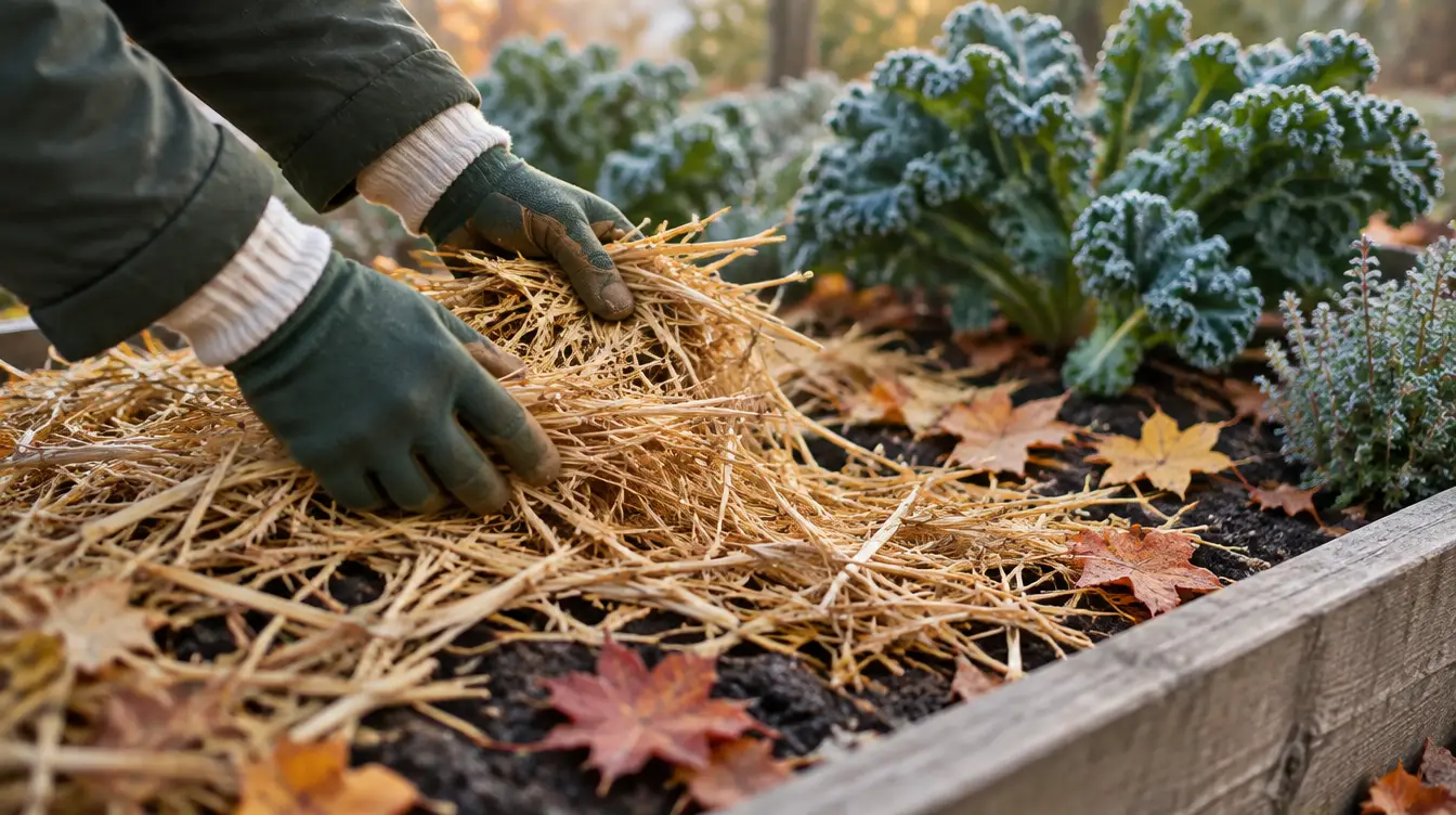 Gloved hands spreading straw mulch over a raised bed scattered with autumn leaves, frosted kale behind