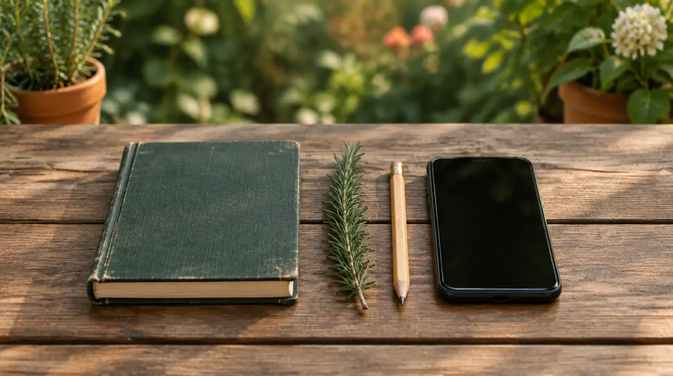Cloth-bound notebook and a smartphone side by side on a garden table, with a pencil and a sprig of rosemary between them