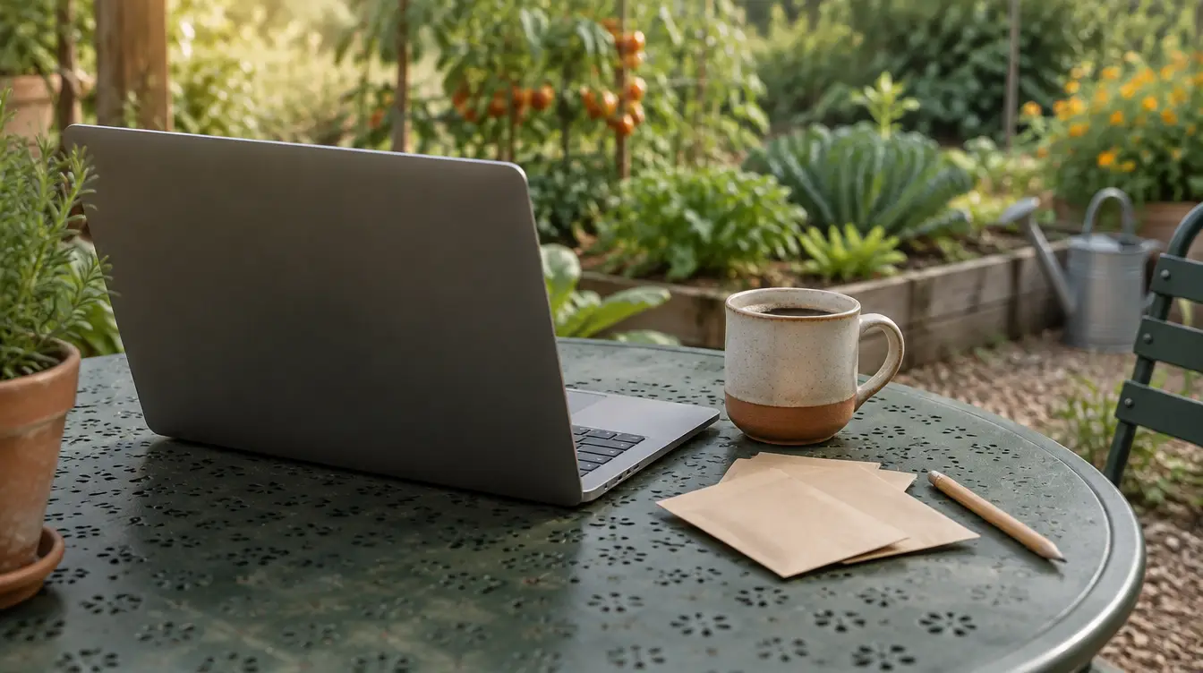 Laptop on a garden patio table with a mug of coffee, paper seed envelopes and a pencil, vegetable beds behind