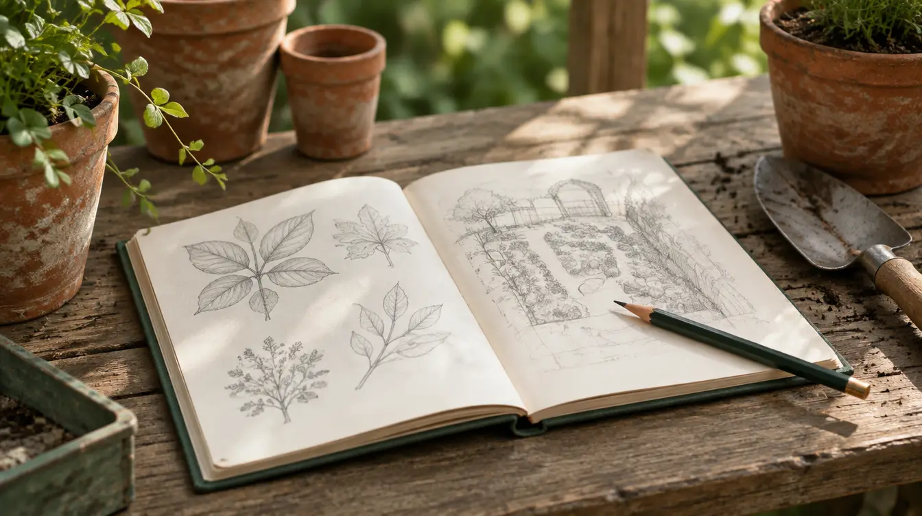 Open garden journal with pencil sketches of leaves and a bed layout on a potting bench among terracotta pots