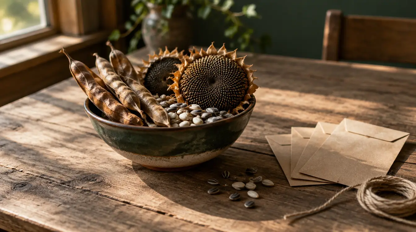 Dried bean pods, sunflower heads and seeds in a ceramic bowl beside paper seed envelopes and twine