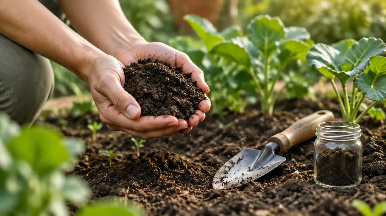 Cupped hands holding dark garden soil above a vegetable bed, with a trowel and a sample jar nearby