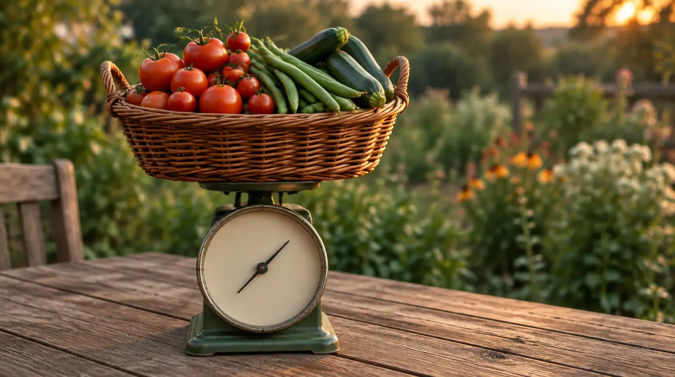 Basket of tomatoes, green beans and zucchini on a vintage kitchen scale on a porch table at sunset