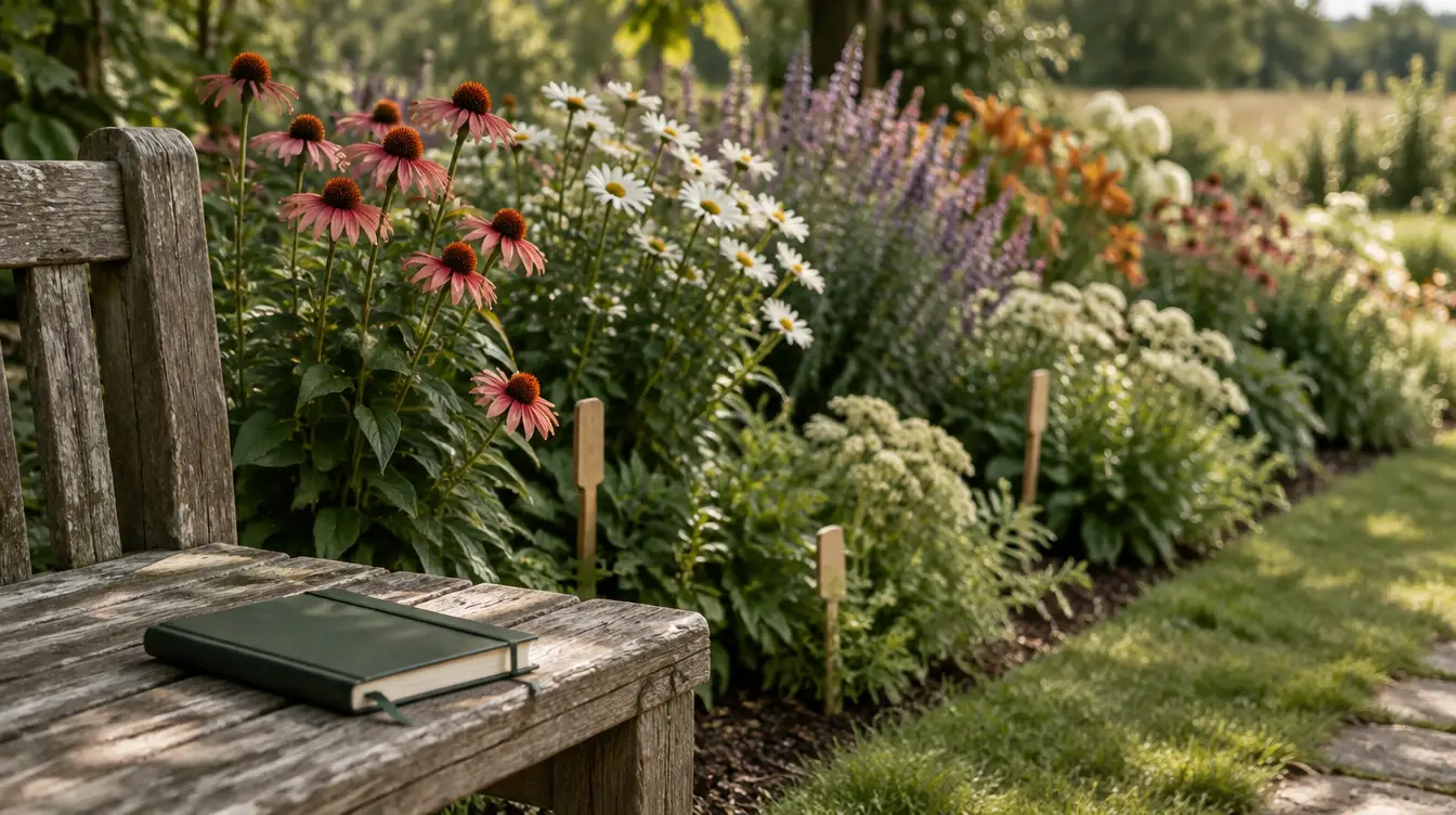 Closed garden journal on a weathered bench beside a perennial border of coneflowers and daisies marked with wooden stakes