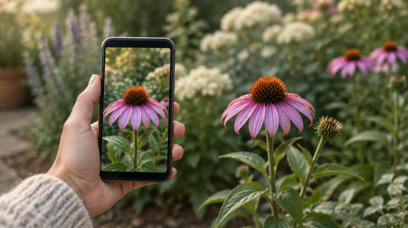 Hand holding a smartphone that shows a purple coneflower on its screen, in front of the same flower in a garden border