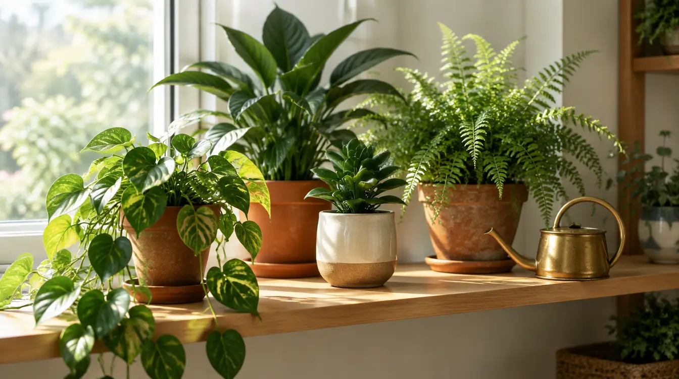 Potted houseplants and a brass watering can on a sunny wooden shelf by a window