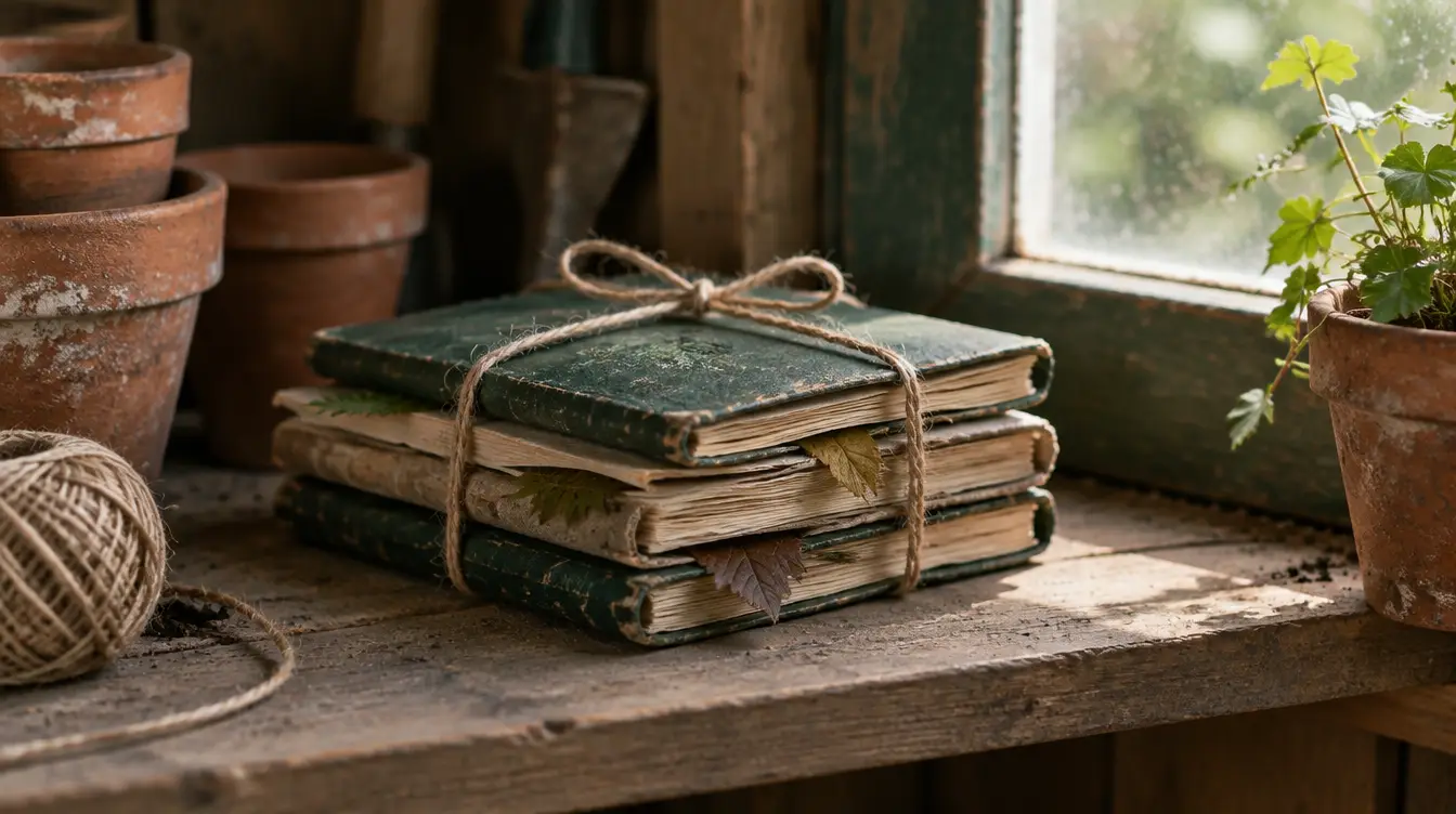 Stack of old garden notebooks tied with twine on a potting shed shelf, with pressed leaves between the covers