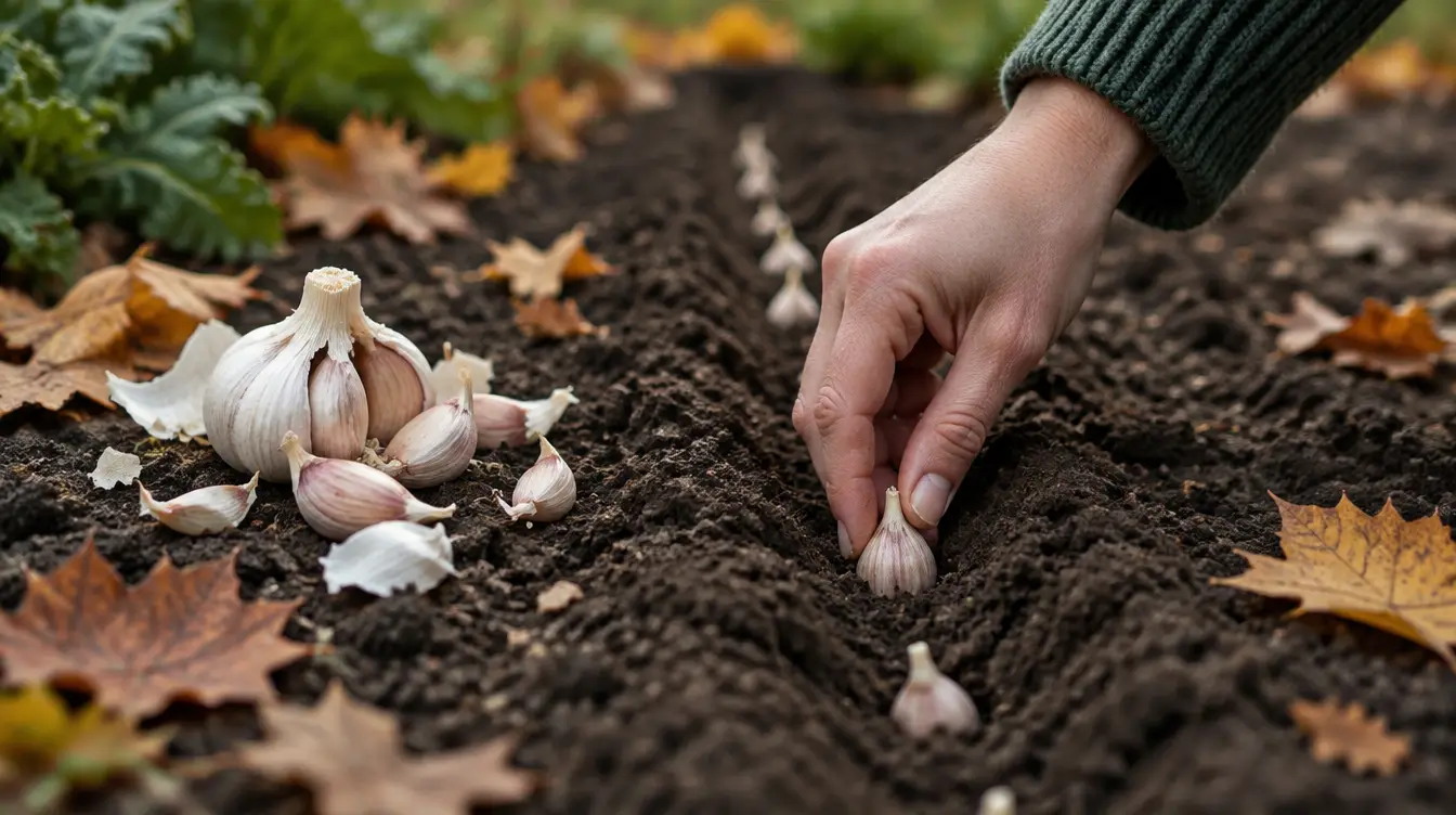 Hand pressing a garlic clove into a furrow of dark soil beside a split head of garlic and autumn leaves