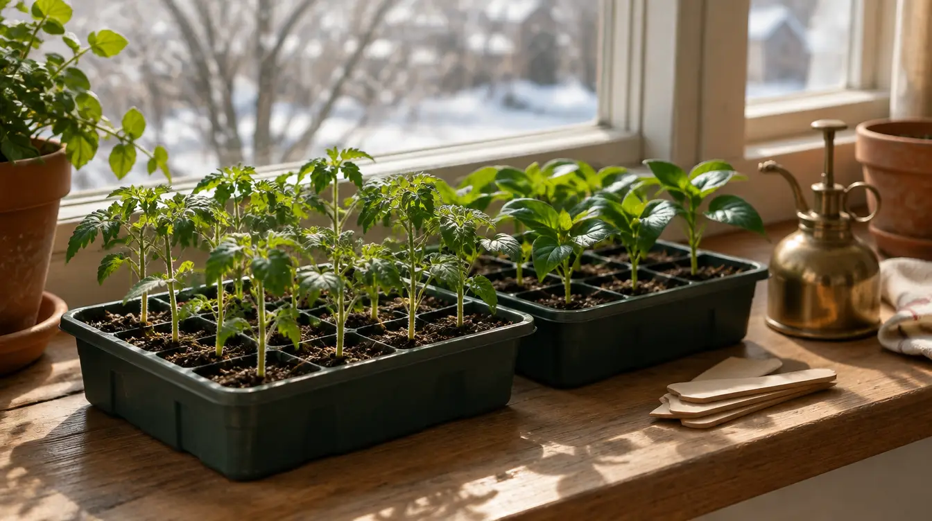 Trays of tomato and pepper seedlings on a sunny windowsill with snow outside