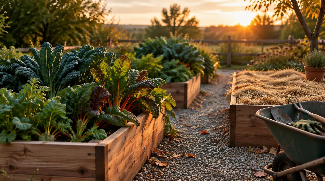 Raised cedar garden beds of kale and chard at sunset, with a straw-mulched bed and a wheelbarrow beside a gravel path