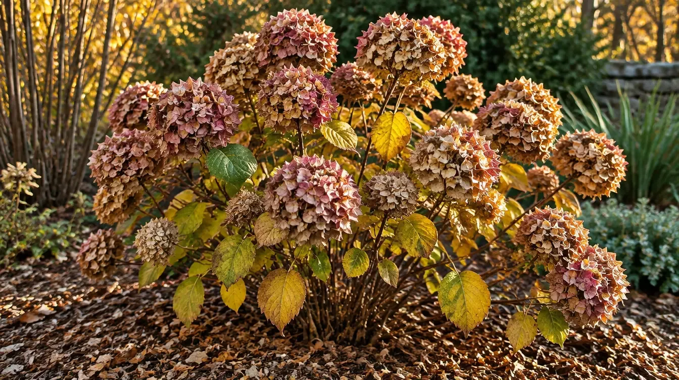 Faded mophead hydrangea flower heads in shades of dusty pink and parchment, still on the shrub in late autumn.